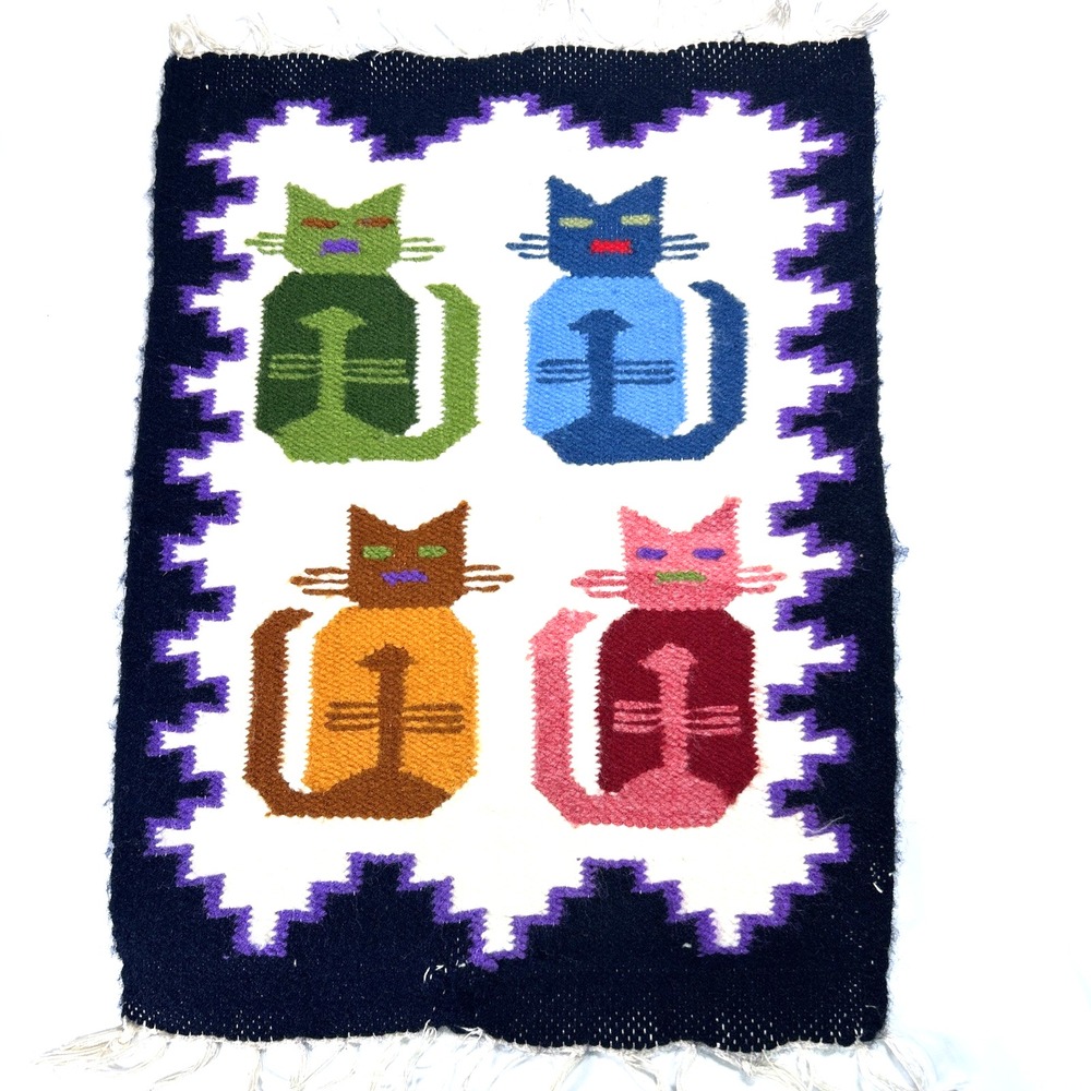 Peruvian Textile Wool Mat Rug Handwoven Cats Wall Hanging 11x15.5 inch